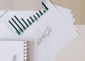 Flat lay of a workspace featuring a laptop, graphs, and a notebook for financial analysis.